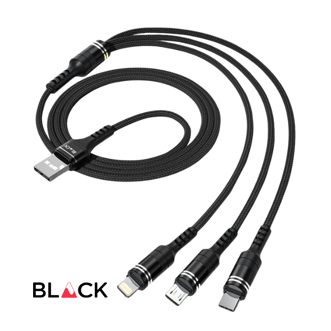BLACK Cable M 3 in 1 Strong Charging cable for Android & Apple, 1.2m, 1Yr warranty BLACK Cable M 3 in 1 Strong Charging cable for Android & Apple, 1.2m, 1Yr warranty